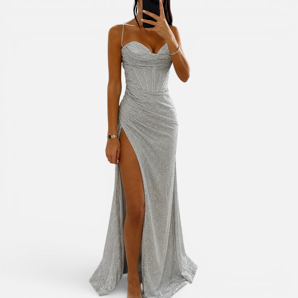 Ladies Sparkling Glitter Maxi Dress with Split and Straps