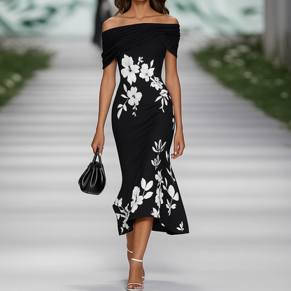 Off-shoulder draped floral dress