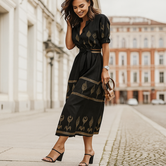 Vestido casual de mezcla de lino con cinturón