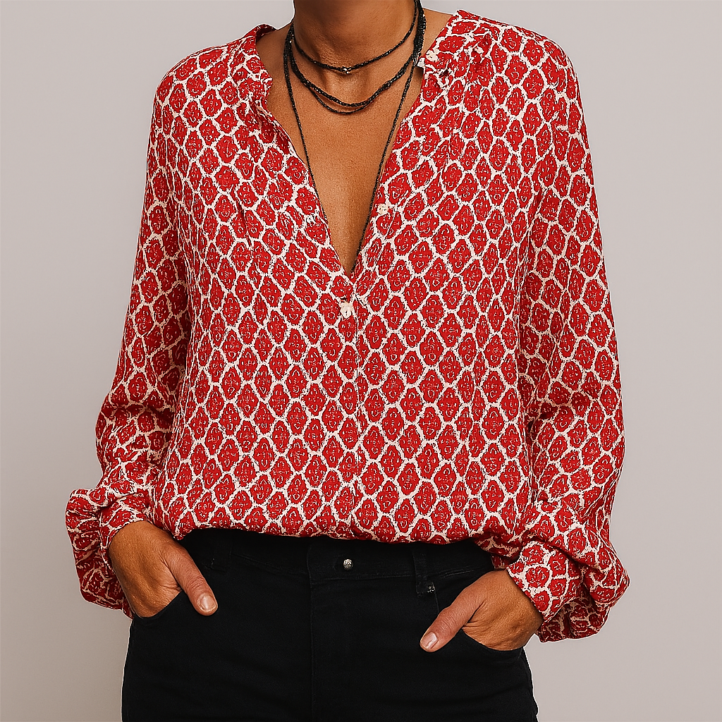 Printed Elegant Blouse with V-Neck