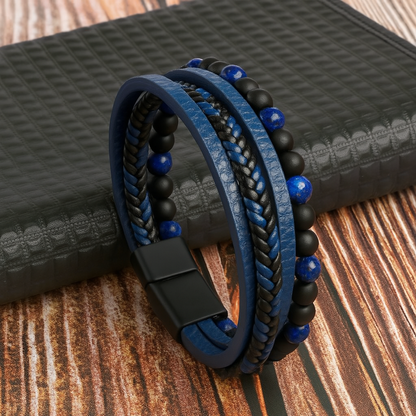 Men's Bracelet Made of Layered Leather and Stone Beads