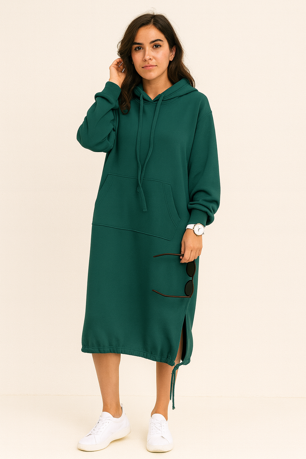 Winter Hoodie Dress Women Midi Hooded