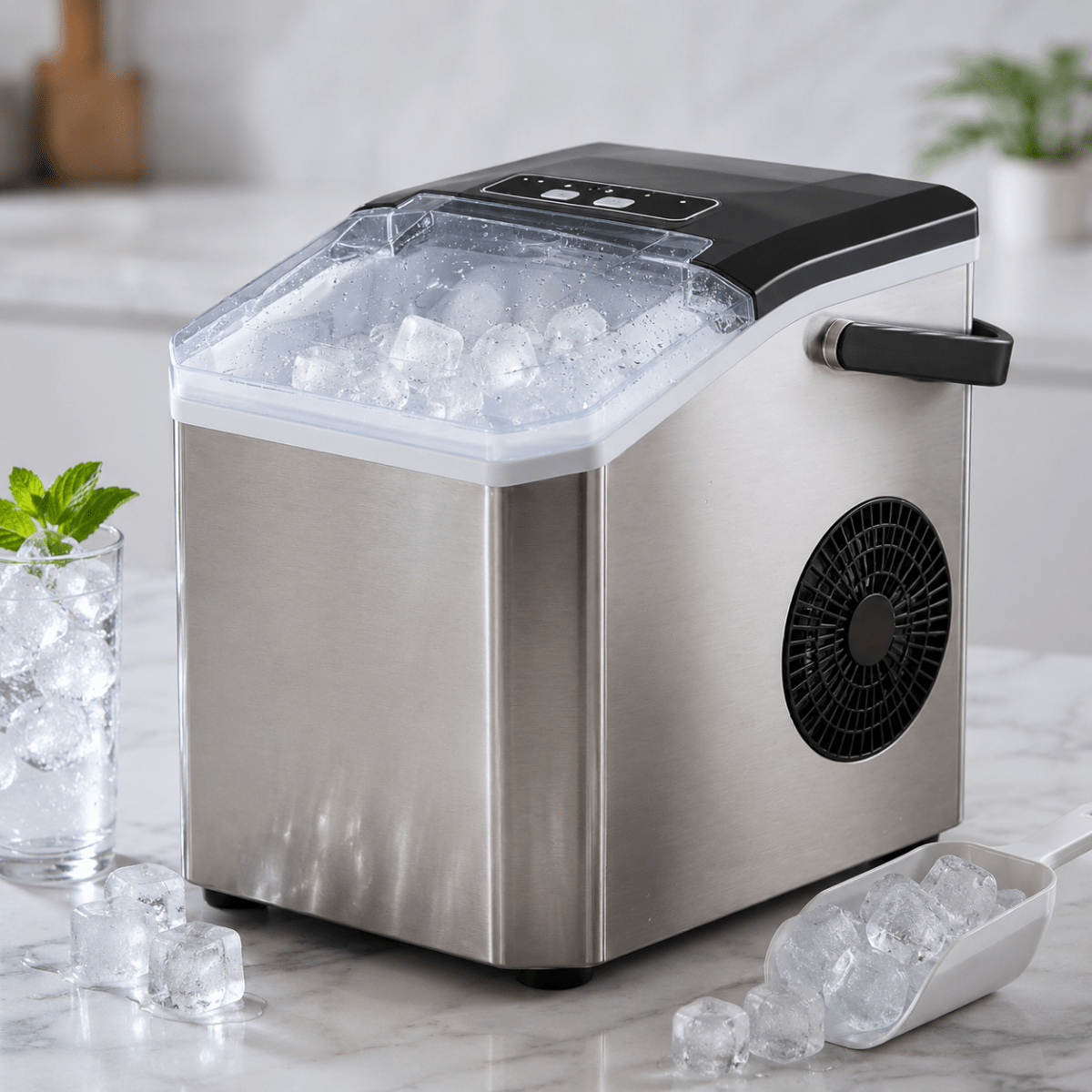 Máquina de acero inoxidable para hacer cubitos de hielo con tapa transparente para cubitos frescos
