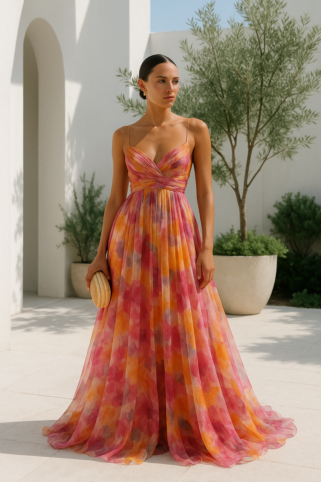 Ladies' Multi-Colored Maxi Dress with V-Neck