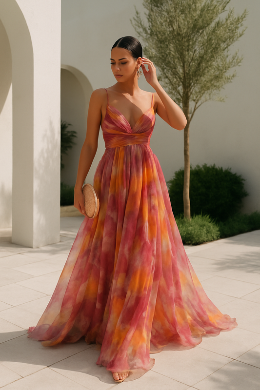 Vestido largo multicolor para mujer con escote en V
