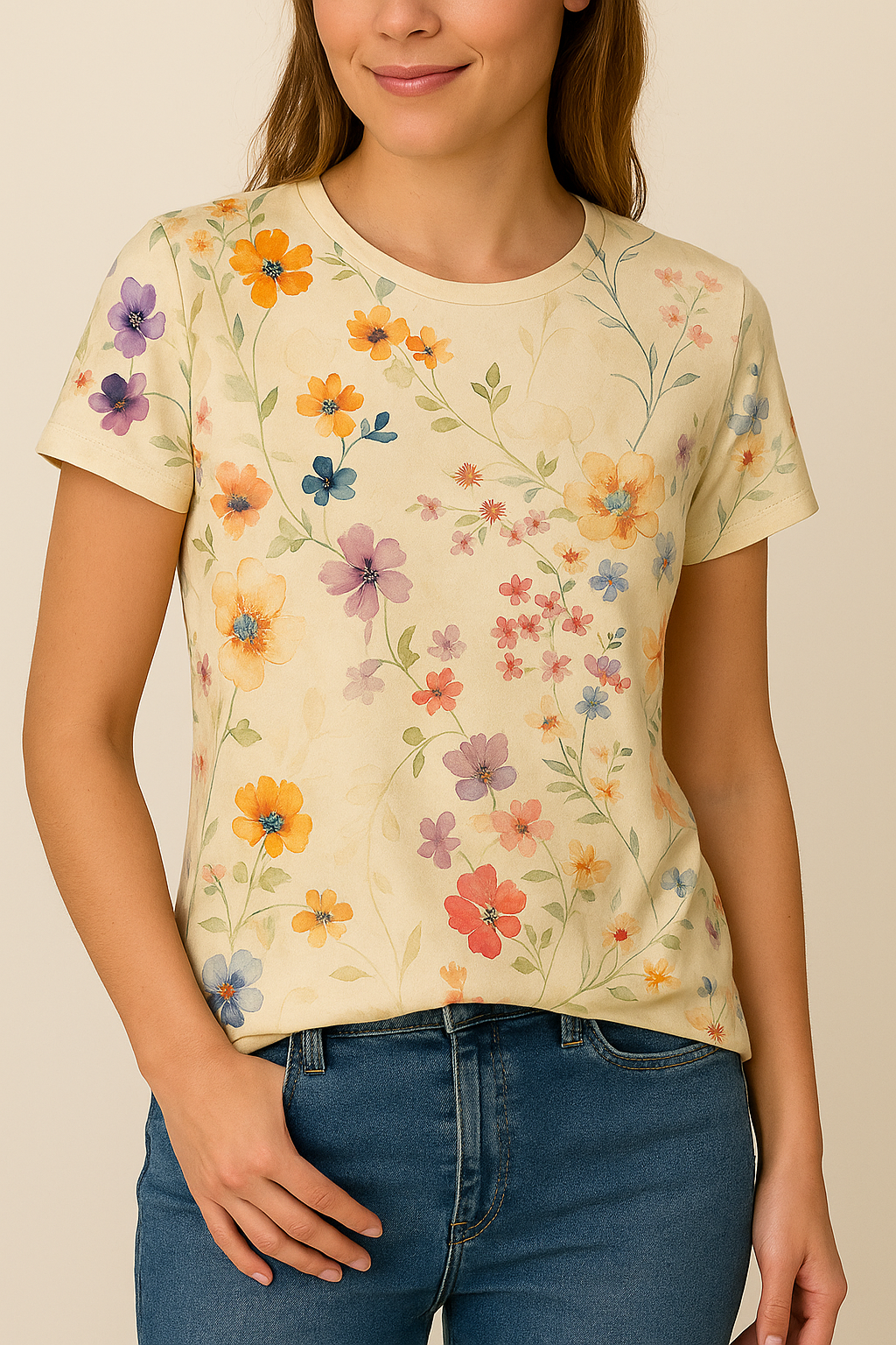 Ladies' T-shirt with Floral Pattern and Comfortable Stretch for Daily Wear