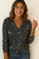 Top glitter da donna a maniche lunghe con scollo a V