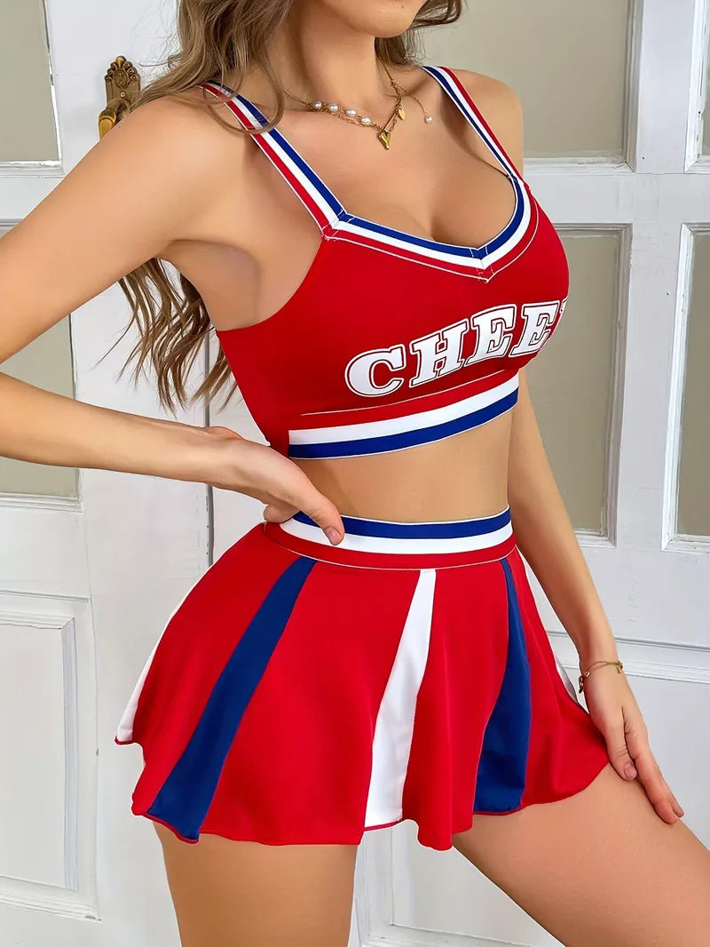 Cheerleader uniform with sporty top and short skirt