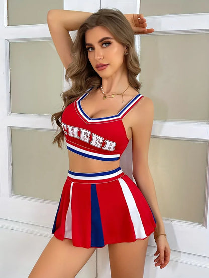 Cheerleader uniform with sporty top and short skirt