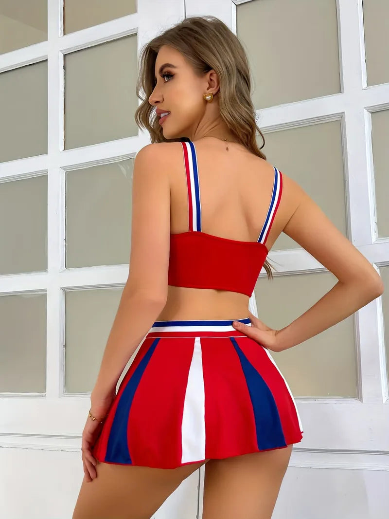 Cheerleader uniform with sporty top and short skirt