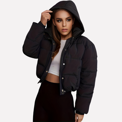 Short Women's Jacket with Hood and Front Zip