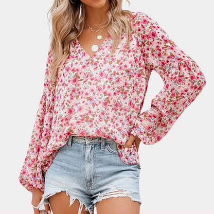 Chiffon Blouse with Floral Print and Elegant V-Neck