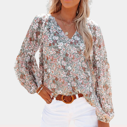 Chiffon Blouse with Floral Print and Elegant V-Neck