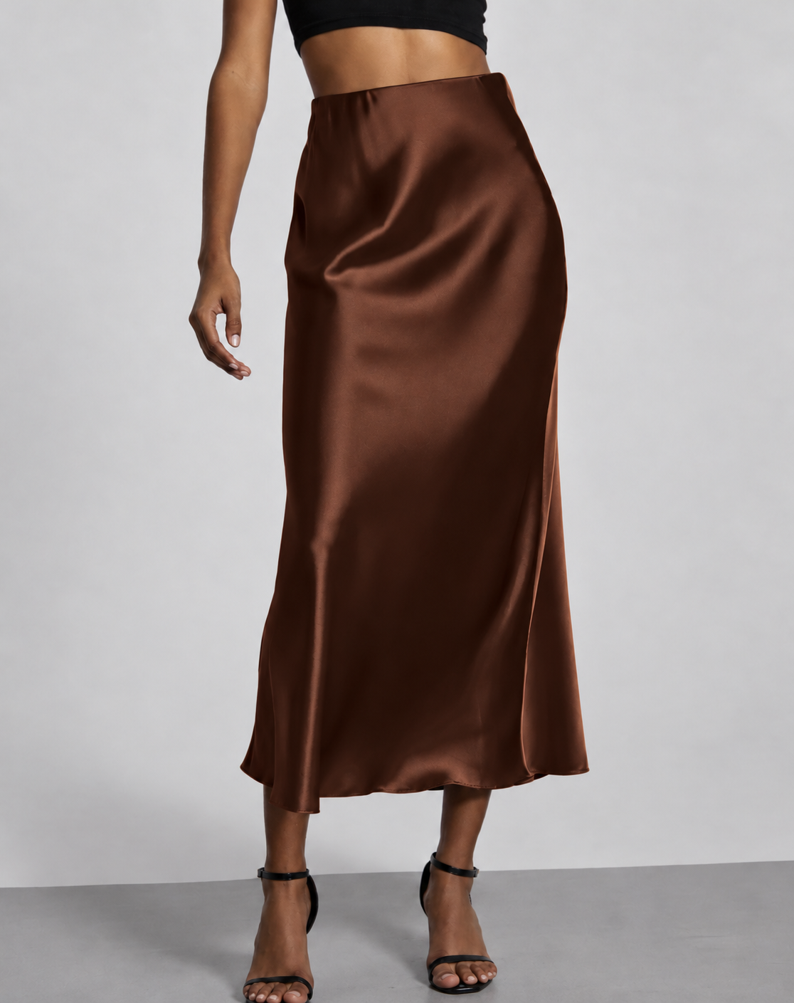 A-Line Satin Look Midi Skirt for Women with Split and High Waist