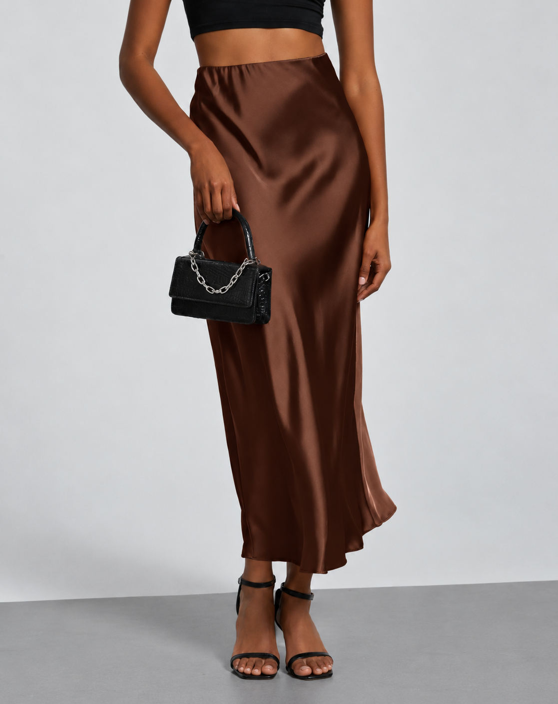 A-Line Satin Look Midi Skirt for Women with Split and High Waist