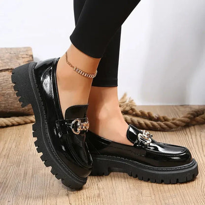 Ladies Chunky Leather Loafers with Chain Detail and Thick Sole