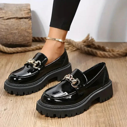 Ladies Chunky Leather Loafers with Chain Detail and Thick Sole