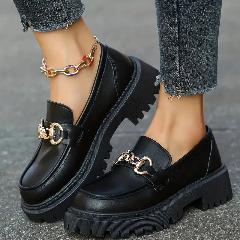 Ladies Chunky Leather Loafers with Chain Detail and Thick Sole