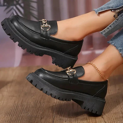 Ladies Chunky Leather Loafers with Chain Detail and Thick Sole
