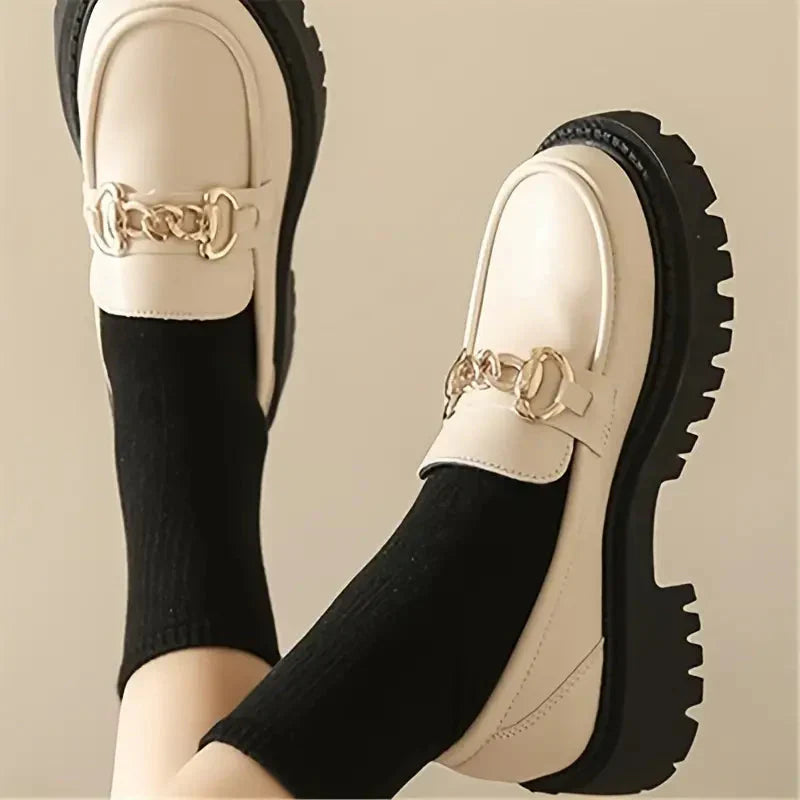 Ladies Chunky Leather Loafers with Chain Detail and Thick Sole
