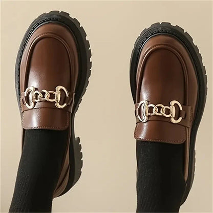 Ladies Chunky Leather Loafers with Chain Detail and Thick Sole