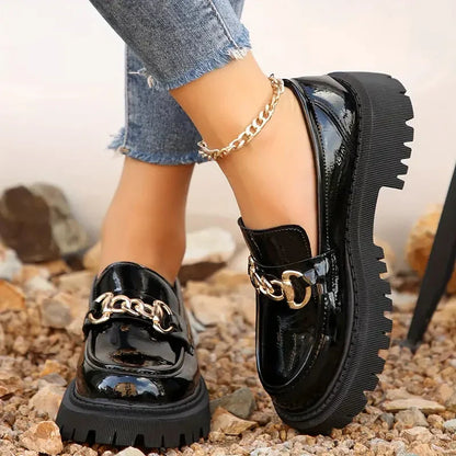 Ladies Chunky Leather Loafers with Chain Detail and Thick Sole