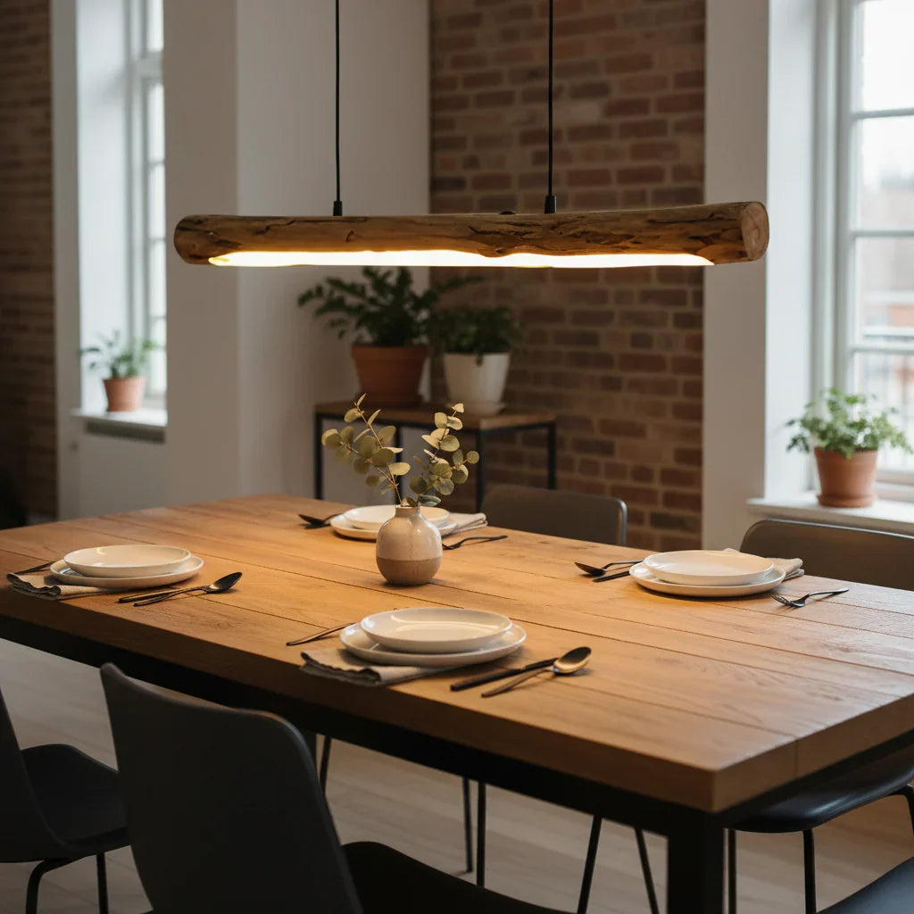 Holz-Pendelleuchte mit dimmbarer LED-Beleuchtung für den Esstisch in warmem, natürlichem Design
