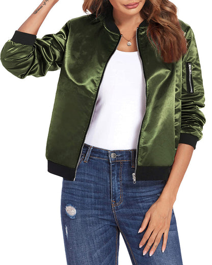 Women's Bomber Jacket with Zip, Sleeve Pocket and Ribbed Cuffs