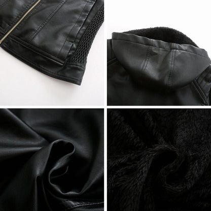 Leather Ladies Jacket with Removable Hood and Zipper