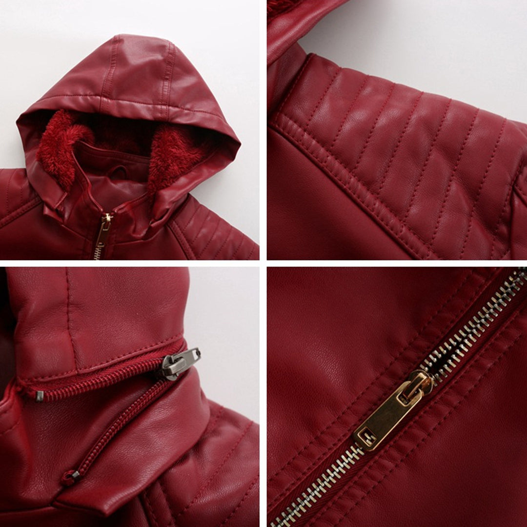Leather Ladies Jacket with Removable Hood and Zipper