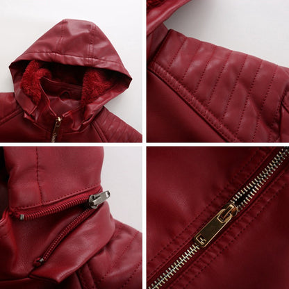 Leather Ladies Jacket with Removable Hood and Zipper