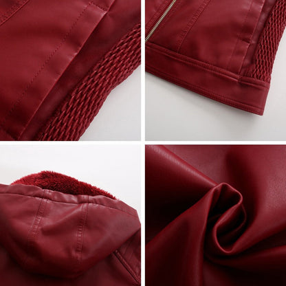 Leather Ladies Jacket with Removable Hood and Zipper
