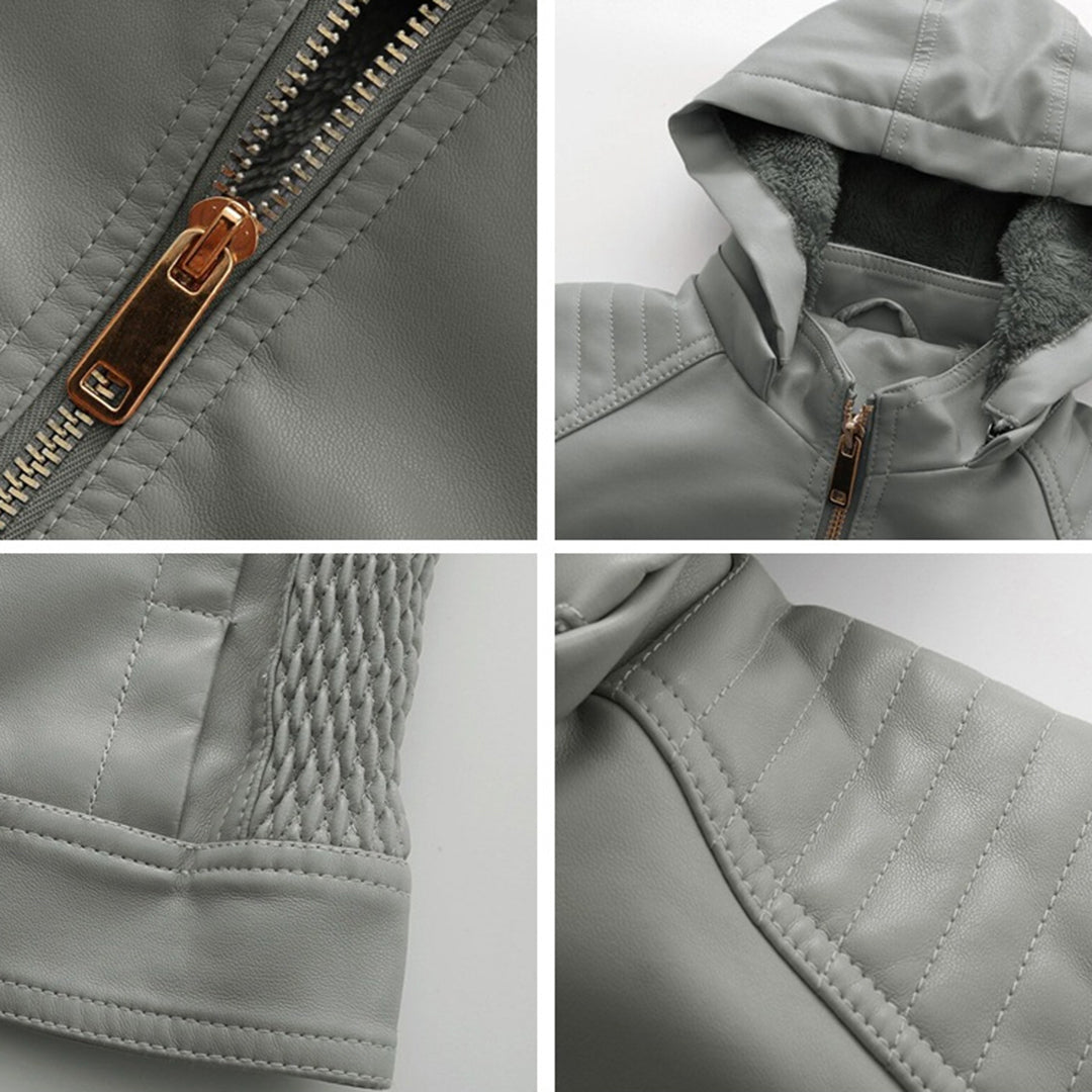 Leather Ladies Jacket with Removable Hood and Zipper