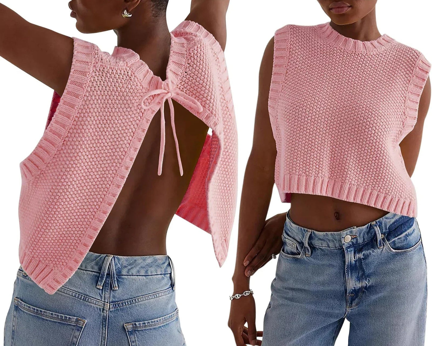 Combhasaki – Y2K Knitted Sleeveless Cardigan with Open Back and Bow Detail