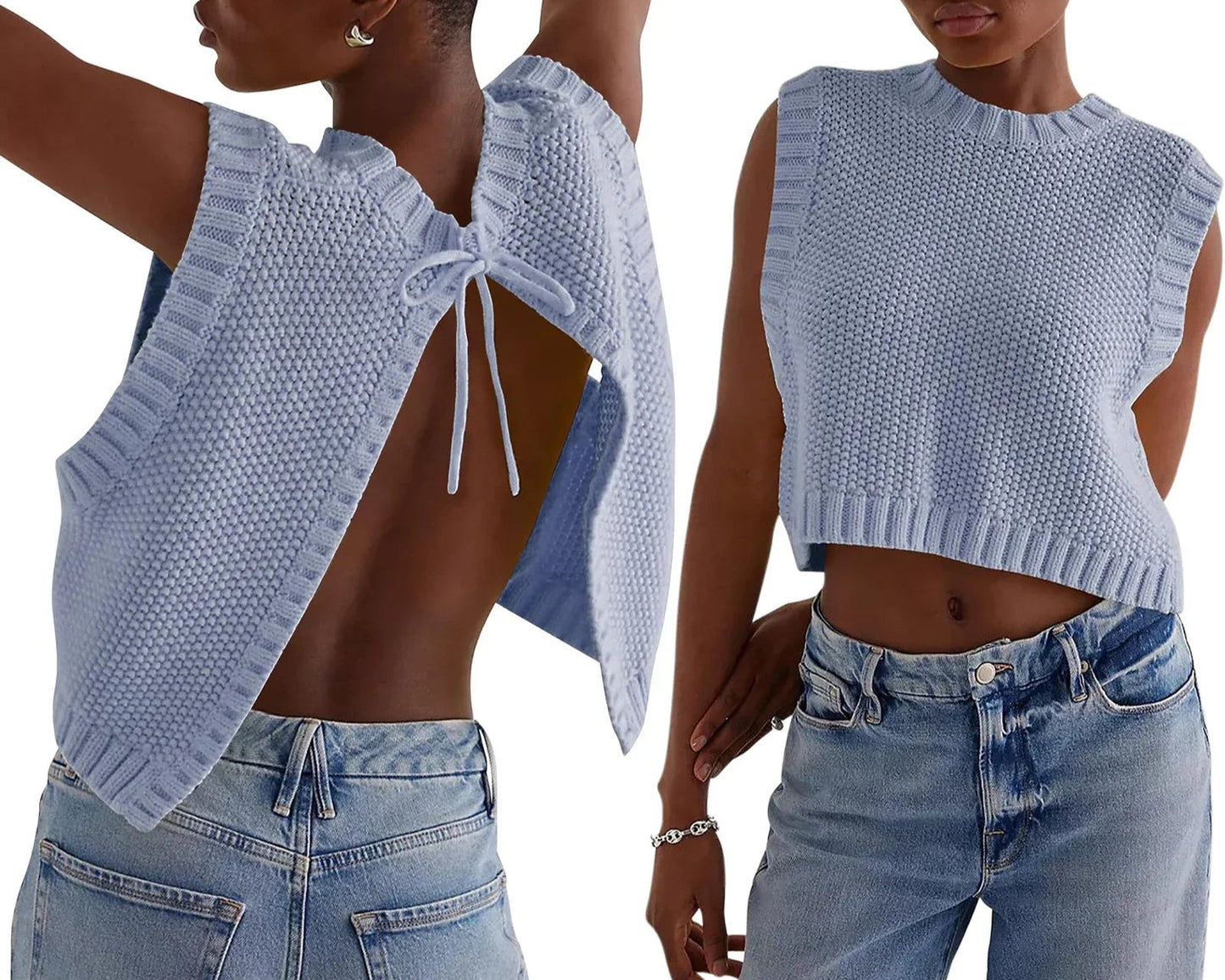Combhasaki – Y2K Knitted Sleeveless Cardigan with Open Back and Bow Detail