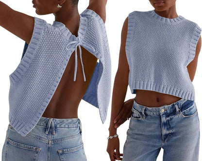 Combhasaki – Y2K Knitted Sleeveless Cardigan with Open Back and Bow Detail