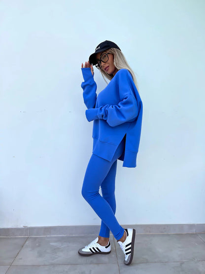 Comfortable Women's Set with Split Top and Fitted Pants