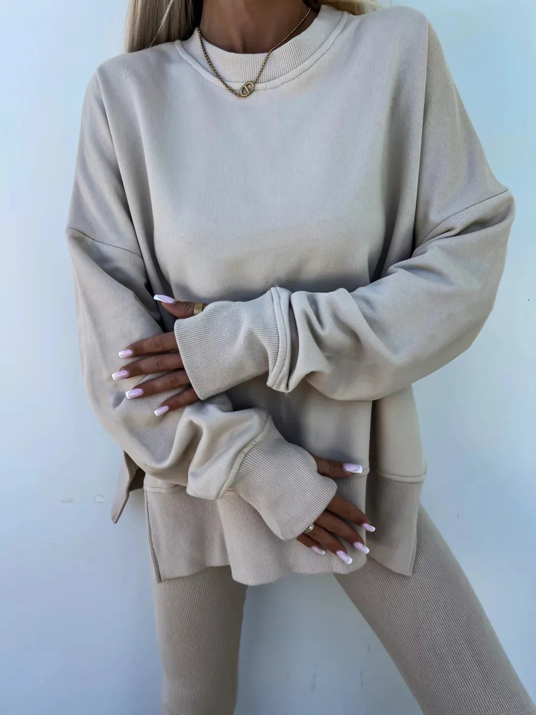 Comfortable Women's Set with Split Top and Fitted Pants