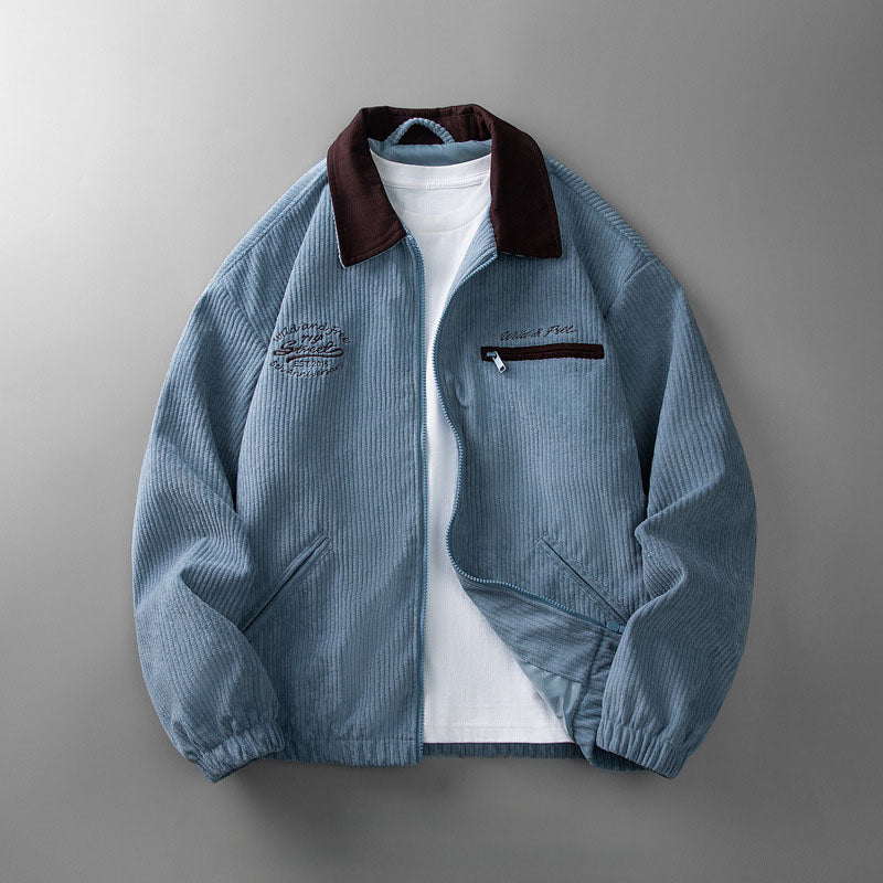Corduroy jacket with zip fastening and stand-up collar