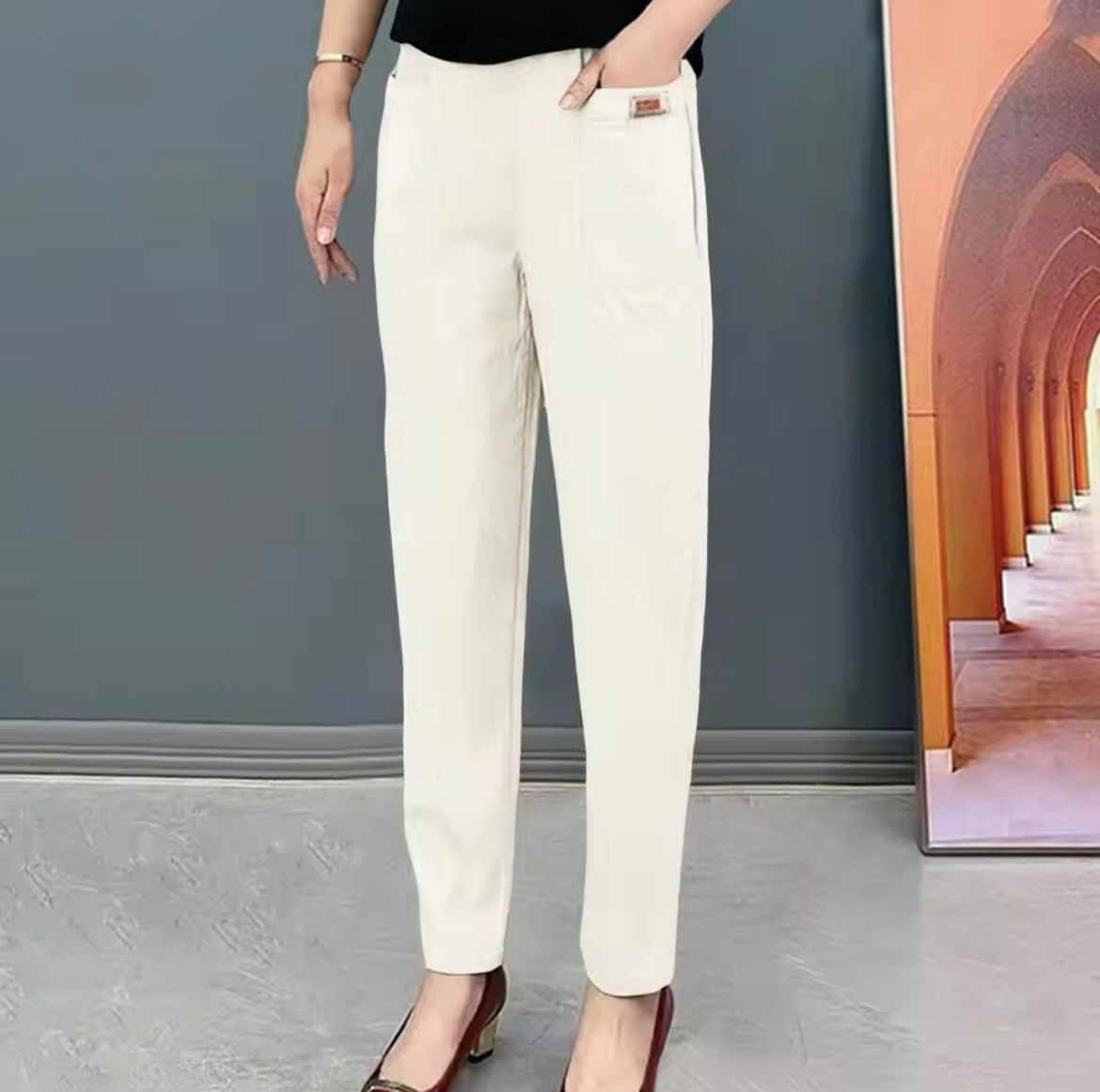 Cotton Trousers with Straight Fit and Elastic Waist