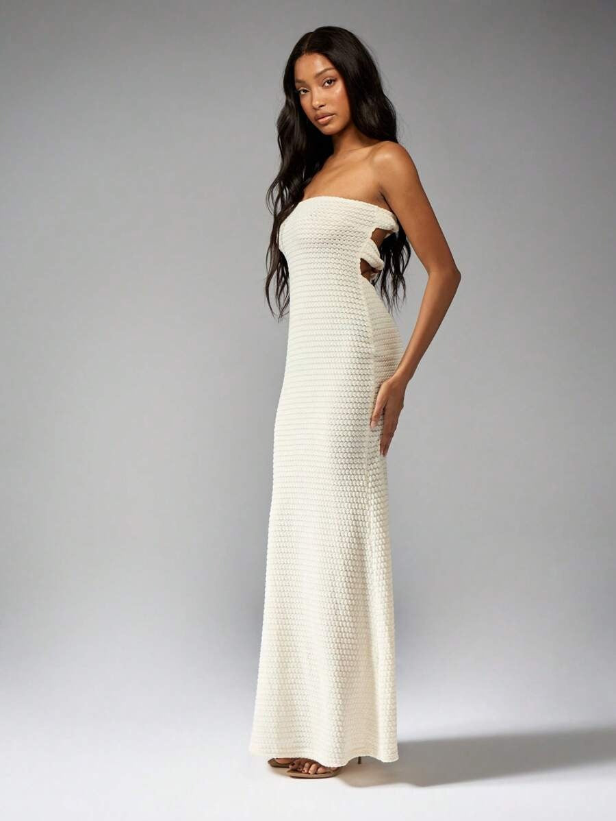 Crochet Bandeau Maxi Dress with Beads and Cut-Out Back