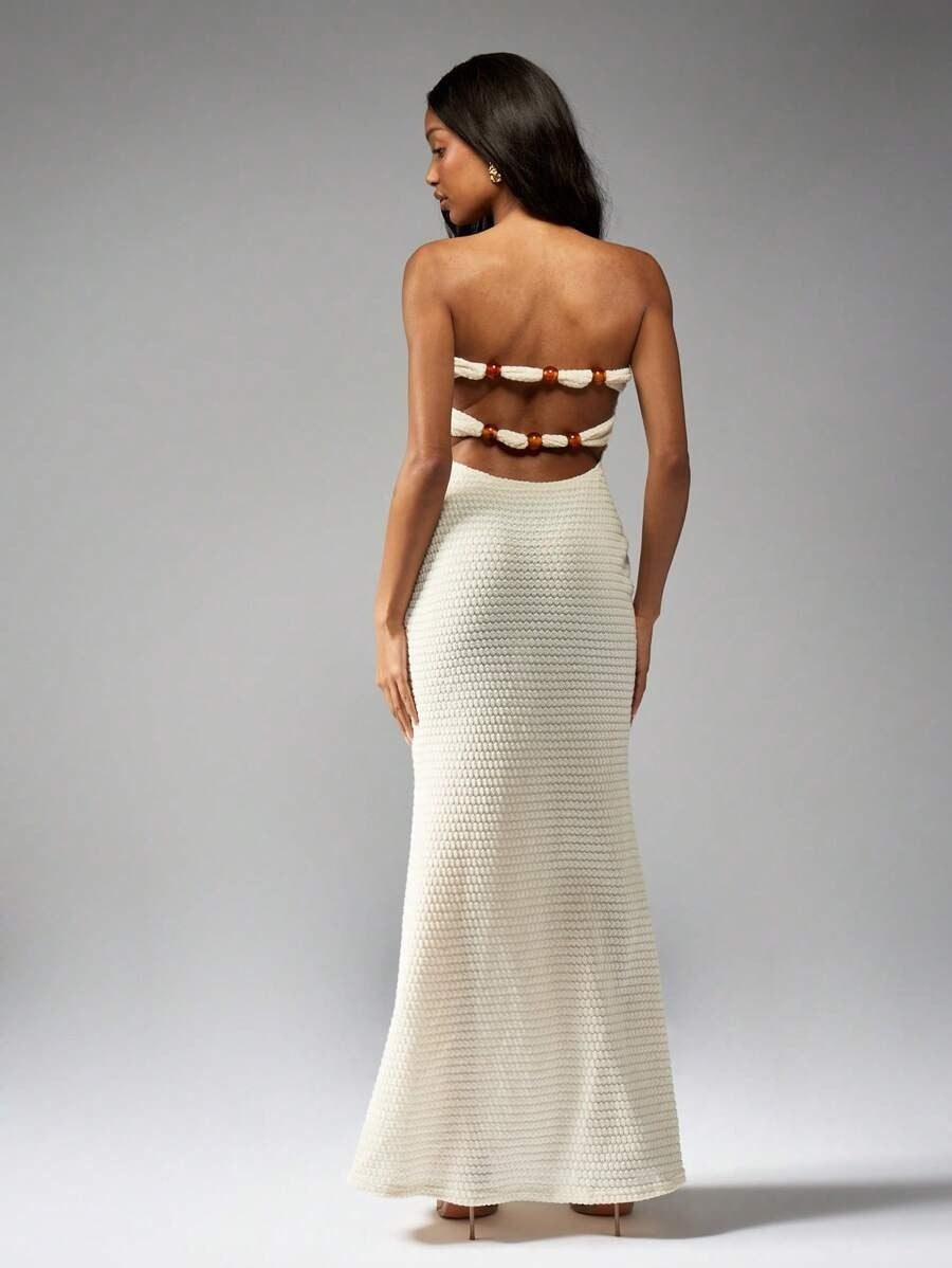 Crochet Bandeau Maxi Dress with Beads and Cut-Out Back