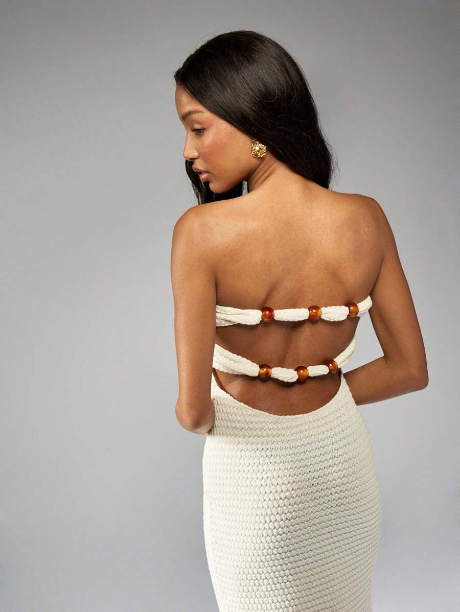 Crochet Bandeau Maxi Dress with Beads and Cut-Out Back