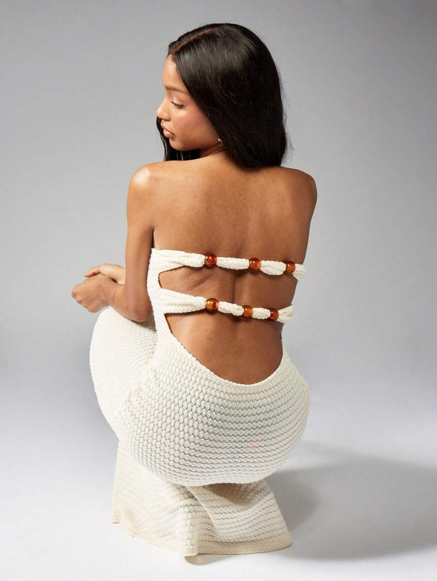 Crochet Bandeau Maxi Dress with Beads and Cut-Out Back