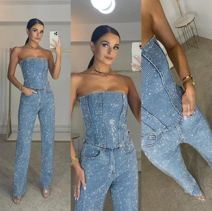 Ensemble à paillettes pour femme avec crop top bustier à sequins et jean
