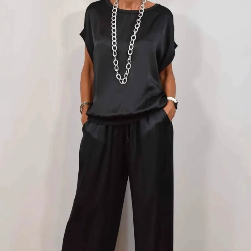 Ladies Two-Piece Satin Set with Top and Wide Trousers