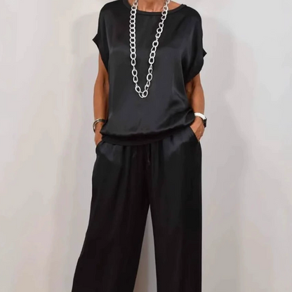 Ladies Two-Piece Satin Set with Top and Wide Trousers