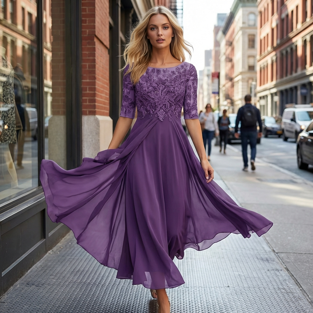 Elegant Midi Dress with Lace Detail and Flowing Skirt for Special Occasions