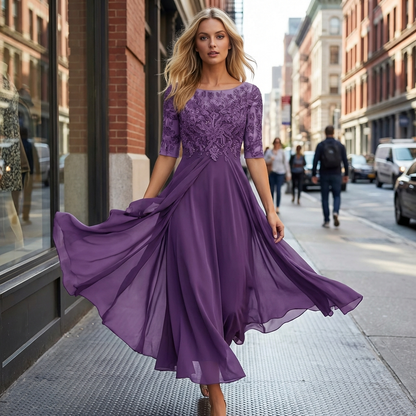 Elegant Midi Dress with Lace Detail and Flowing Skirt for Special Occasions