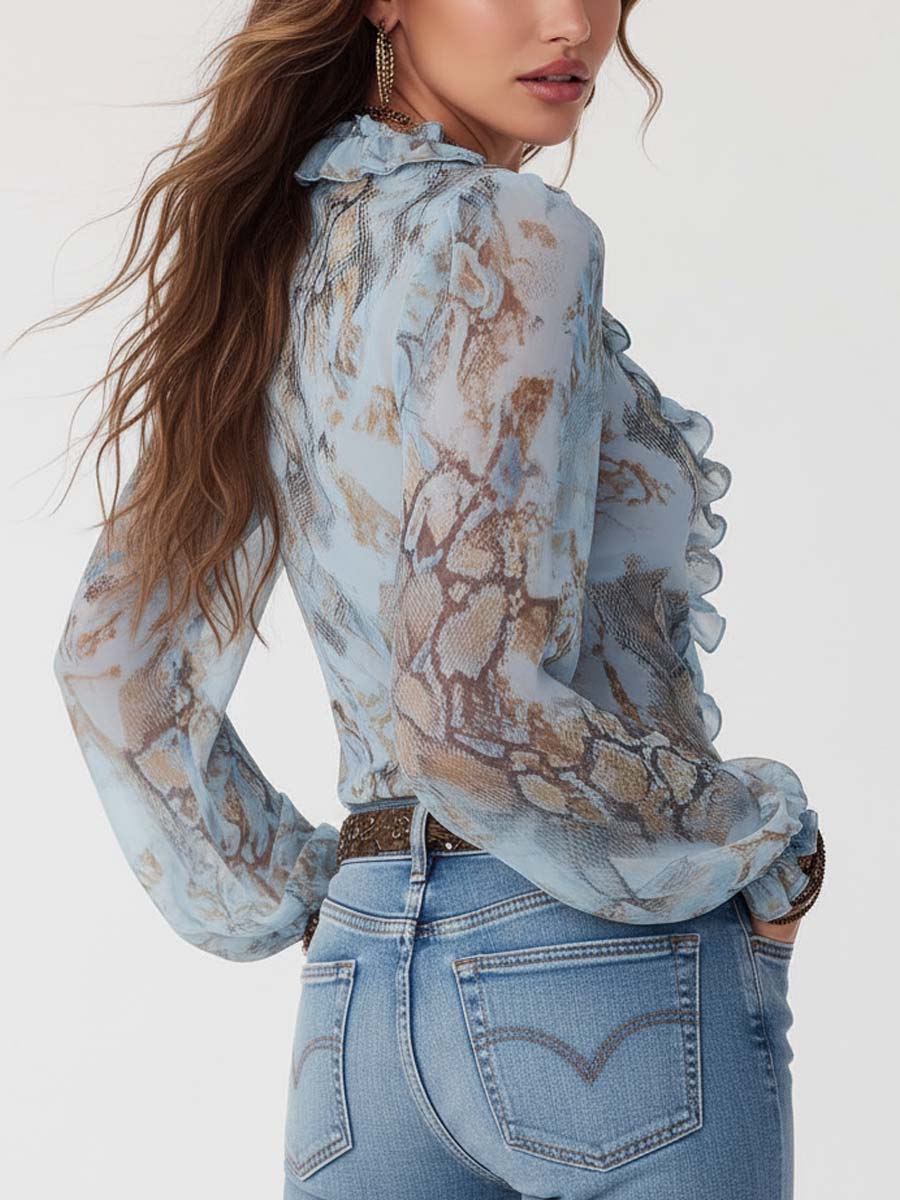 Ladies' Airy Chiffon Blouse with Ruffles and Puff Sleeves